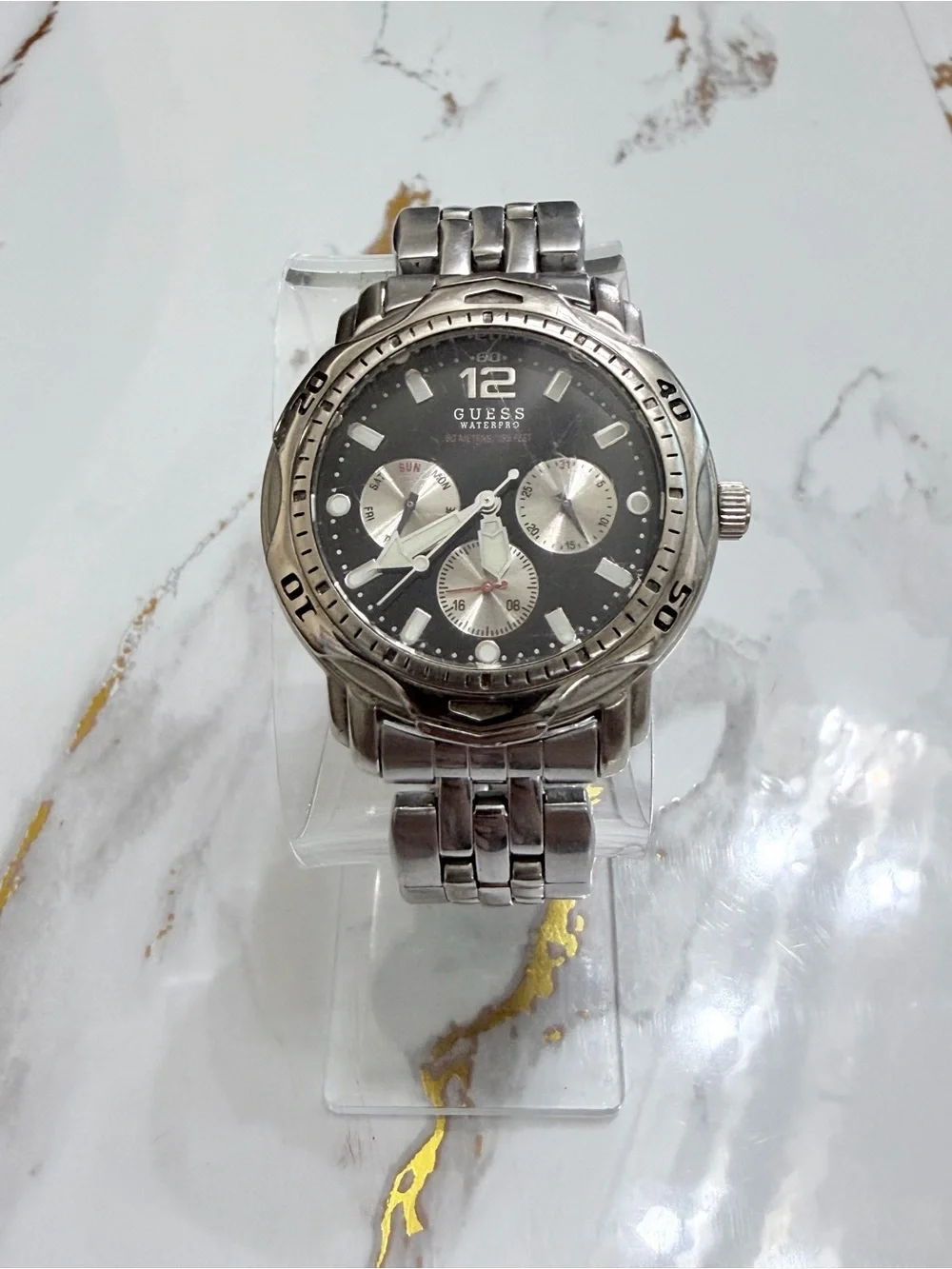 Guess Waterpro Chronograph Watch Men's Silver Tone Day Date Stainless Steel